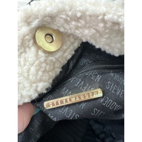 STEVE MADDEN Black Vegan Leather Shearling Extra Large Hobo Purse Bag Tote - Picture 10 of 13